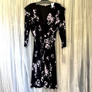 ⭐️ Ivanka Trump black purple floral surplice zip midi dress half sleeve S